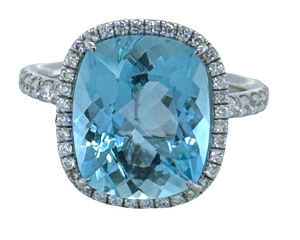 14kt white gold cushion aqua and diamond halo ring