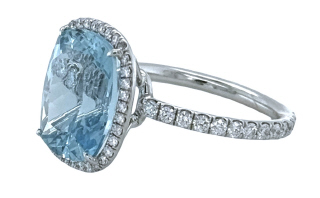 14kt white gold cushion aqua and diamond halo ring