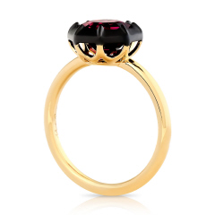 18kt yellow gold rhodolite ring with satin finish black rhodium.