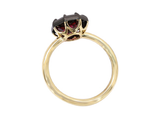 18kt yellow gold rhodolite ring with satin finish black rhodium.