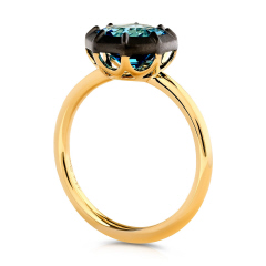 18kt yellow gold swiss blue topaz ring with satin finish black rhodium.
