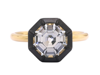 18kt yellow gold white topaz ring with satin finish black rhodium.