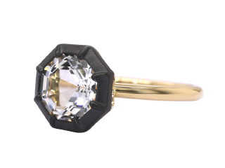 18kt yellow gold white topaz ring with satin finish black rhodium.
