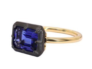 18kt yellow gold tanzanite ring with satin finish black rhodium.