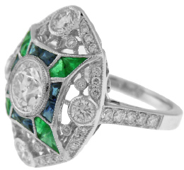 Platinum antique style ring with 1.00ct old euro diamonds, sapphires, and emeralds