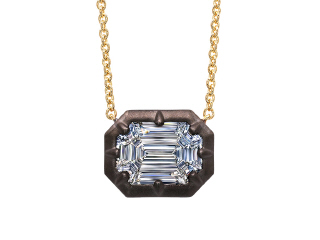 18kt yellow gold east west diamond illusion pendant with black rhodium satin finish and chain.
