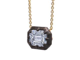 18kt yellow gold east west diamond illusion pendant with black rhodium satin finish and chain.