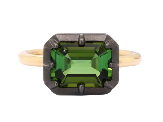 18kt yellow gold green tourmaline ring with satin finish black rhodium.