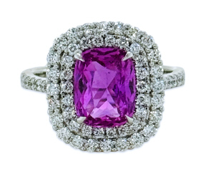 18kt white gold cushion pink sapphire halo diamond ring