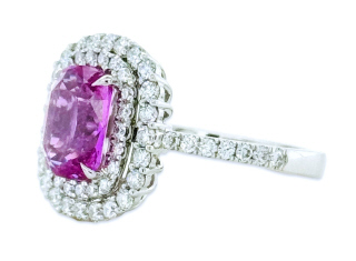 18kt white gold cushion pink sapphire halo diamond ring