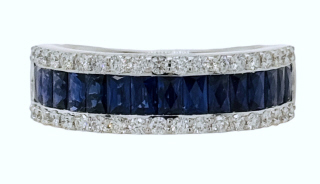 18kt white gold channel set French Cut Sapphire and diamond 1/2 way band.