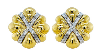 Platinum/18kt yellow gold flower style earrings with post and omega clip backs.