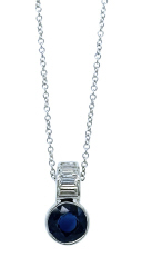 14kt white gold sapphire and baguette diamond pendant with chain