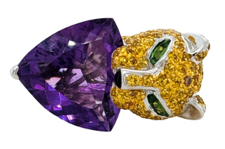 18kt white gold amethyst, yellow sapphire, champagne diamonds and syn emerald panther ring