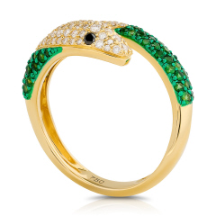 18kt yellow gold tsavorite and diamond snake ring with green rhodium.