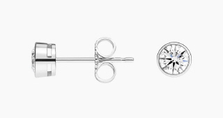 Lab Grown: 14kt white gold bezel set Lab Grown Diamond stud earrings with airline.