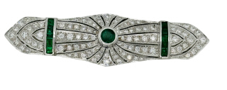18kt white gold emerald and diamond pin