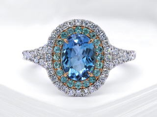 18kt white gold aqua and diamond halo ring