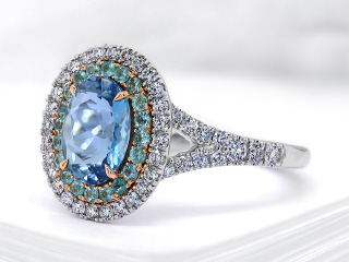 18kt white gold aqua and diamond halo ring