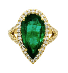 18kt yellow gold pearshape emerald and diamond halo split shank ring