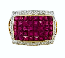 14kt yellow gold invisible set ruby and diamond ring