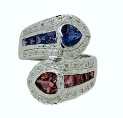 14kt white gold Iolite, tourmaline and diamond ring