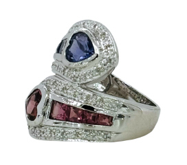 14kt white gold Iolite, tourmaline and diamond ring