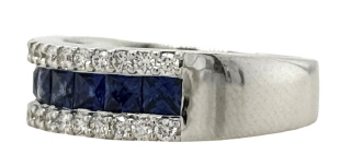 18kt white gold carre cut sapphire and diamond band.