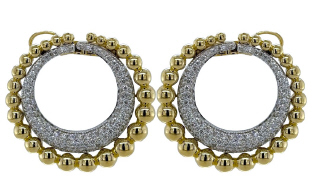 18kt two-tone pave diamond circle earring with large beaded edge