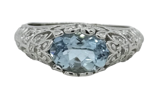 14kt white gold oval aqua and diamond ring