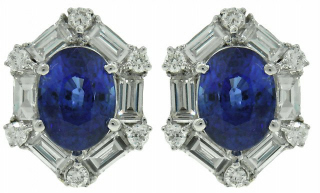 18kt white gold oval sapphire, round and baguette diamond earrings