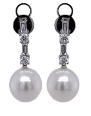 18kt white gold south sea pearl, round and baguette diamond earrings