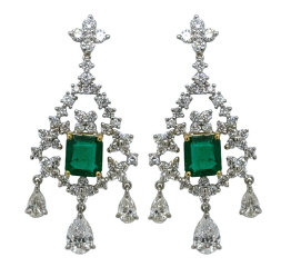 Platinum and 18kt yellow gold emerald and diamond hanging earrings