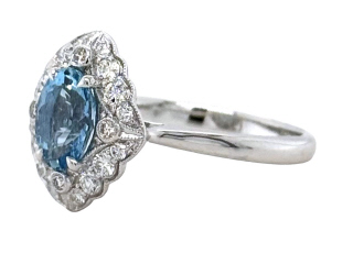 18kt white gold oval aquamarine and diamond ring.