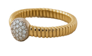 18kt two tone flex ring with pave diamond top.