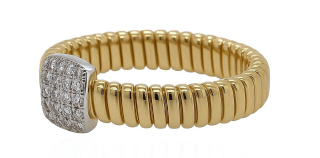 18kt two tone flex ring with pave cushion diamond top.