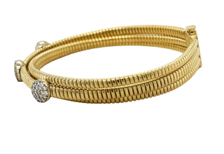18kt two tone 3-row flex bracelet with pave diamond disc.