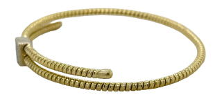 18kt two tone crossover style adjustable flex bracelet with cushion pave diamond disc.