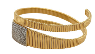 18kt two tone graduated 2-row adjustable flex bracelet with pave diamond plate.
