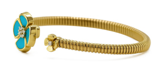 18kt yellow gold turquoise and diamond flex cuff bangle bracelet. 6.5"
