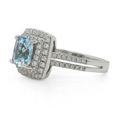 18kt white gold double halo aquamarine and diamond ring.