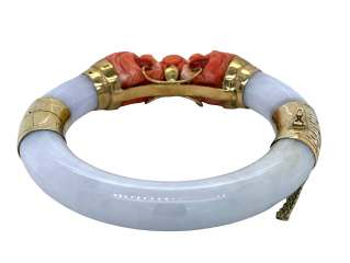 14kt yellow gold jade and coral head bangle
