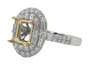 18kt two-tone round and baguette diamond halo semi-mount ring
