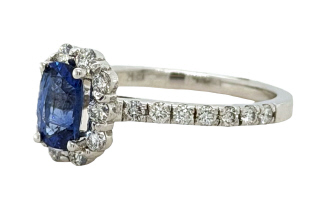 14kt white gold cushion sapphire and diamond halo ring