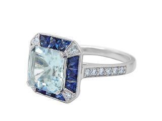 18kt white gold aqua, sapphire and diamond ring.