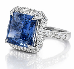 18kt white gold square sapphire, round and diamond baguette halo ring