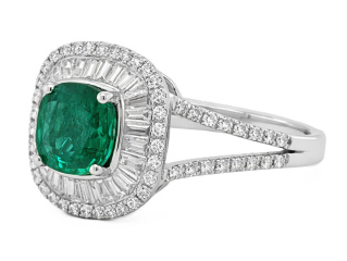 18kt white gold cushion emerald , round and baguette diamond ring