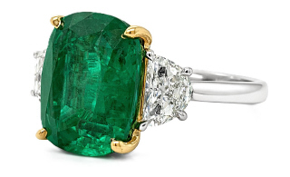Platinum and 18kt yellow gold cushion emerald and half moon diamond ring