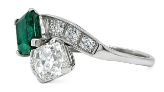 Platinum square emerald and square emerald cut diamond bypass ring