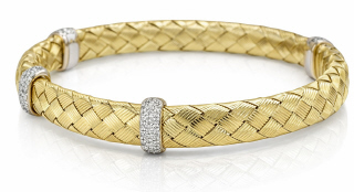 14kt two-tone woven 3 diamond station bangle